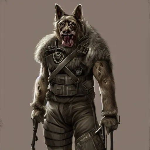 Image similar to a wounded humanoid german shepherd beast - man in military style, sitting on the bed, highly detailed portrait, digital painting, artstation, concept art, smooth, sharp foccus ilustration, artstation