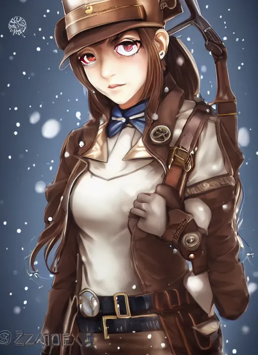 Image similar to girl with steampunk weapons and uniform, serious, intense, finely detailed, made by artgerm, full body portrait, illustration, snow, snowing, cloudy, anime, side view, perfect anime face, realistic face, zoomed out, smooth, brown eyes, high waisted shorts, sharp focus