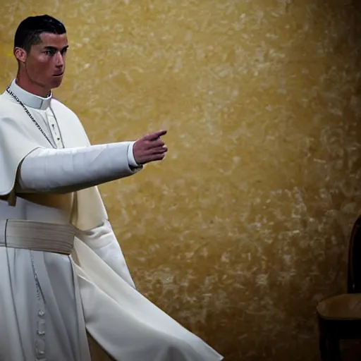 Prompt: cristiano ronaldo as pope, accurate, 30mm, dramatic lighting, nikon