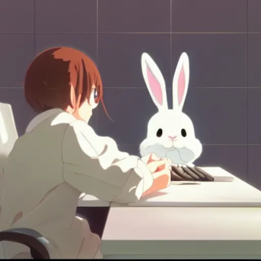 Image similar to A white bunny rabbit sitting at a desk, Makoto Shinkai