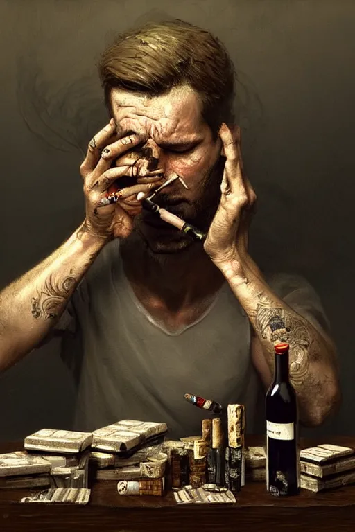 Image similar to dirty faced and very tired man looking pile smoking a winebottle, drugs, cigarrette boxes at the table, fantasy, intricate, elegant, highly detailed, digital painting, artstation, concept art, addiction, chains, smooth, sharp focus, illustration, art by Ilja Repin