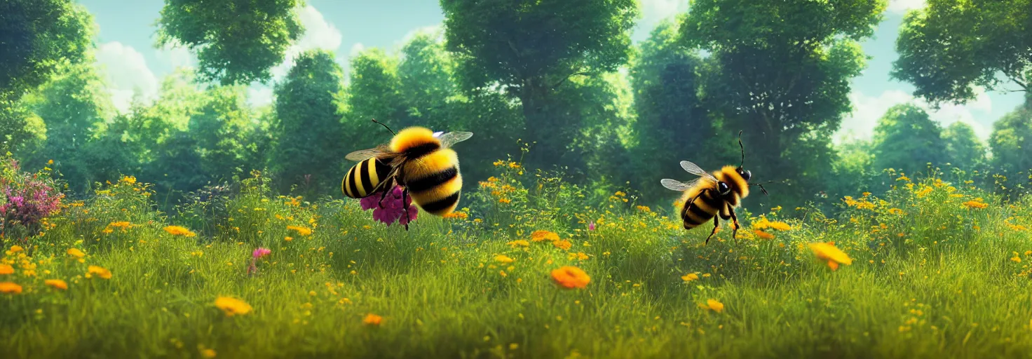 Image similar to large cute bee flying to crimson - black cute bee art school, in a beautiful forest meadow village landscape, flowers, happy trees, photorealistic, octane render, rtx, hdr, unreal engine, digital art widescreen 8 k, studio ghibli, disney, wlop