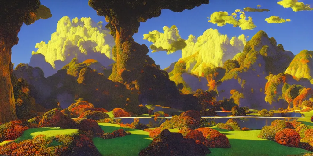 Image similar to !dream a landscape of a fantasy kingdom by Maxfield Parrish, digital art 8k