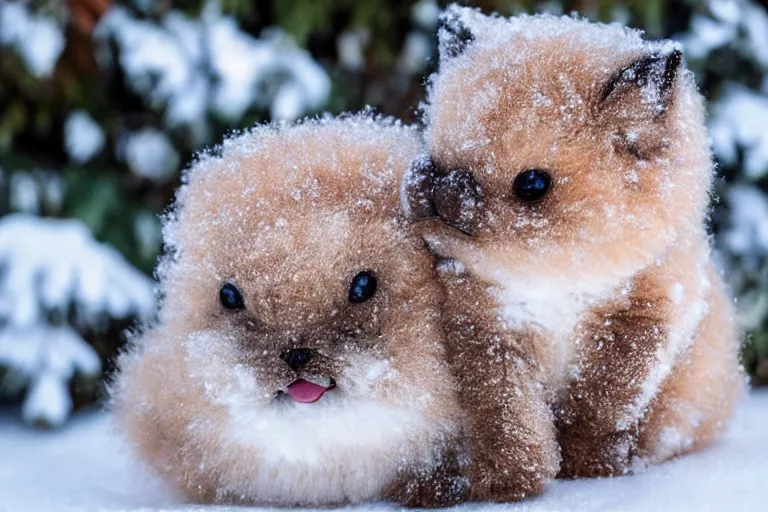 Prompt: real life pokemons, cute!!!, content!!!, mischievous!!!, adorable!!!, chubby!!!, fluffy!!!, ultra realistic!!!, winter, blanket of snow, snowfall, 4 0 0 0 kelvin, golden hour, sharp focus