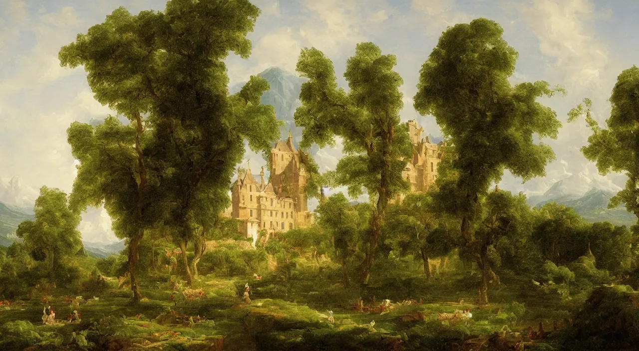 Prompt: a landscape painting of a French castle, with a garden, by Thomas Cole