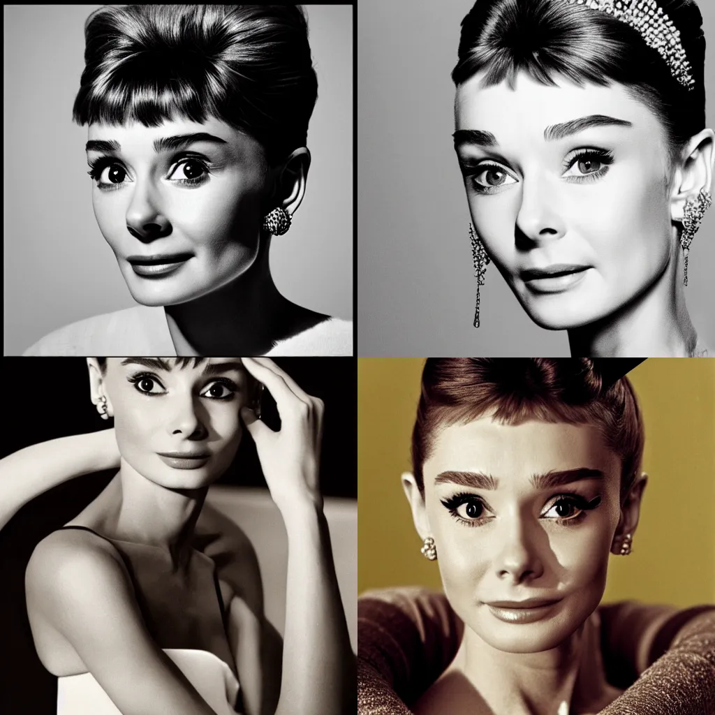 Prompt: portrait of a beautiful 20-year-old Audrey Hepburn by Mario Testino, headshot, detailed, award winning, Sony a7R