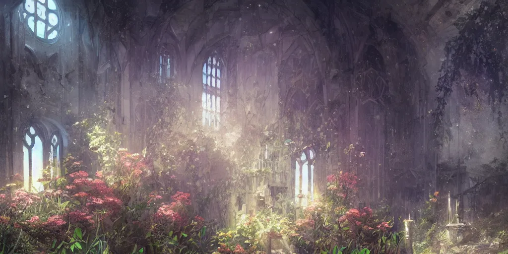 Image similar to anime kyoto animation key by greg rutkowski night, a huge broken blade in abandoned chapel with overgrown flowers and plants