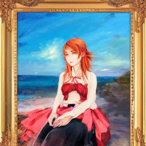 Image similar to Beautiful portrait of Kirisame Marisa at sunset on the beach, touhou project, oil painting by Antoine Blanchard, sold at an auction, oil on canvas, official artwork , wide strokes, pastel colors, soft lighting