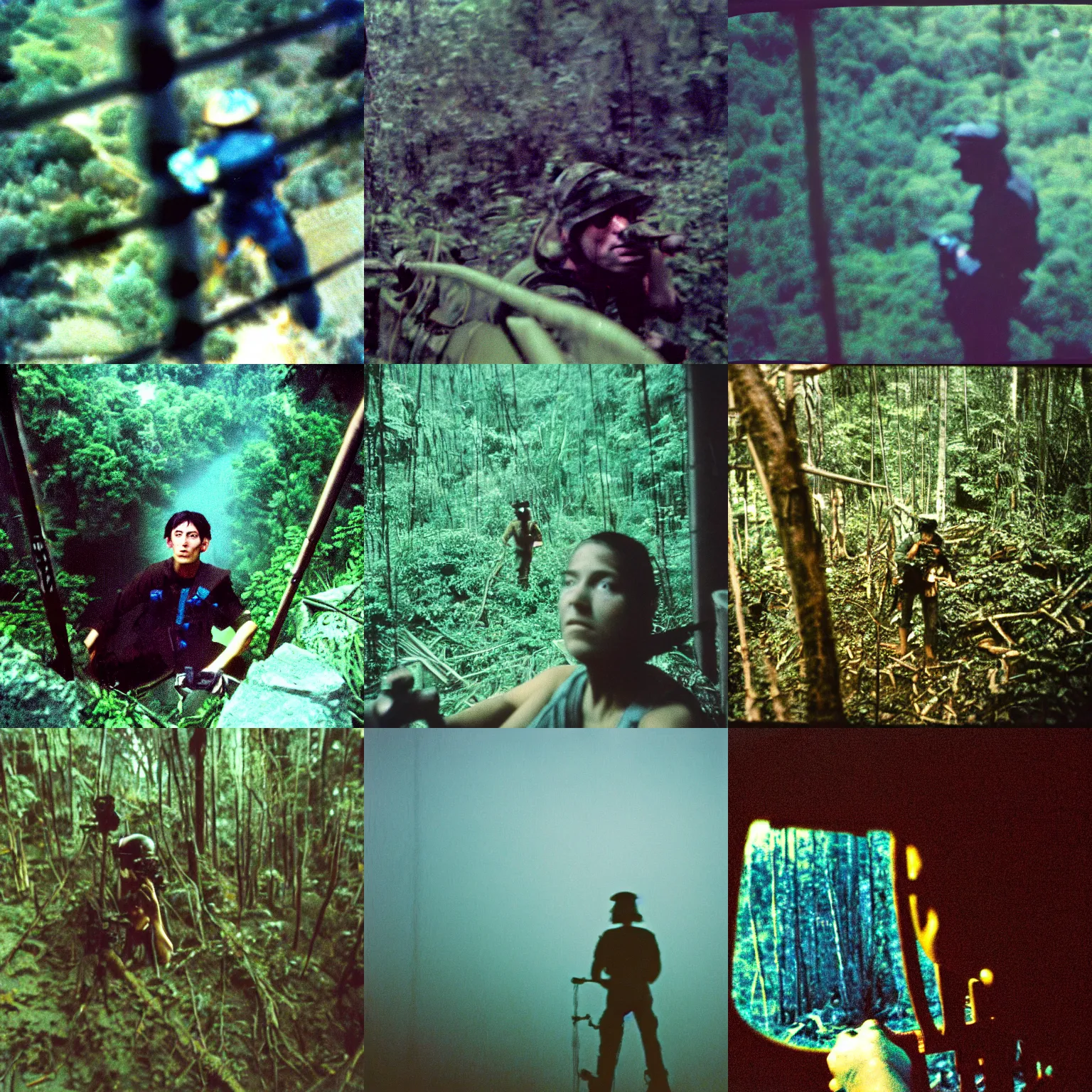 Prompt: film still, extreme far view, coraline, jungle, vietnam door gunner, apocalypse now, associated press, 2 6 mm kodak ektachrome, blue tint expired film