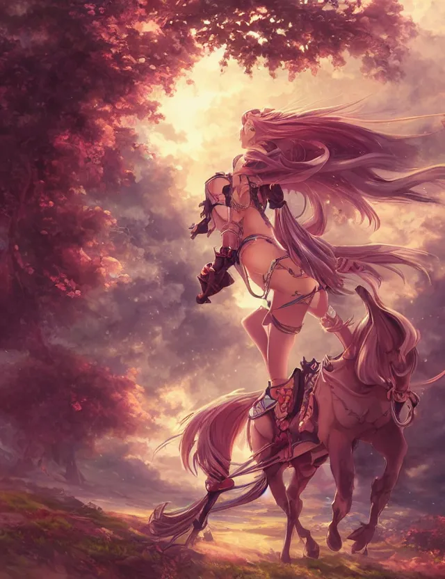Image similar to scenic wide angle portrait of a teenage girl, bard outfit, riding a horse, anime in fantasy style, trending artwork, painted in anime painter studio, by anato finstark, tony sart, marc simonetti and an anime artist, collaboration