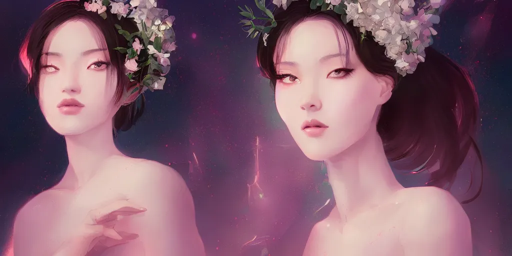 Image similar to a portrait of a very beautiful and sensual goddess with halo behind her head, in the style of WLOP and Ross Tran and Hsiao-Ron Cheng