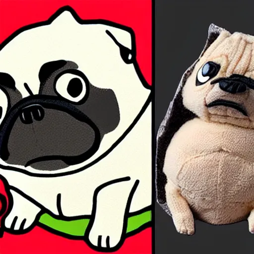 Prompt: a pug dreaming about a well designed hedgehog toy, in the style of a comic book,