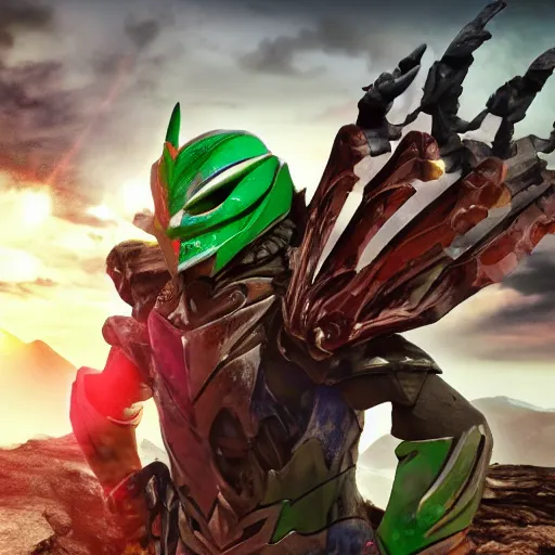 Prompt: High Fantasy Kamen Rider, 4k, rock quarry location, vibrant colors, daytime, action scene, glowing eyes, fantasy inspired dragon armor