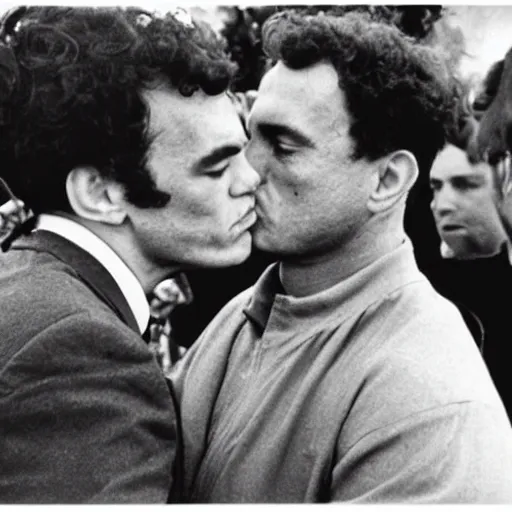Prompt: tom hanks kissing ted bundy, highly realistic