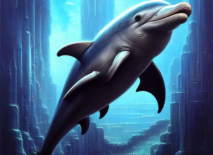 Image similar to wideangle!! portrait shot of a cyberpunk dolphin with robotic implants in star wars, intricate, elegant, highly detailed, centered, digital painting, artstation, concept art, smooth, sharp focus, illustration, artgerm, tomasz alen kopera, peter mohrbacher, donato giancola, joseph christian leyendecker, wlop, boris vallejo