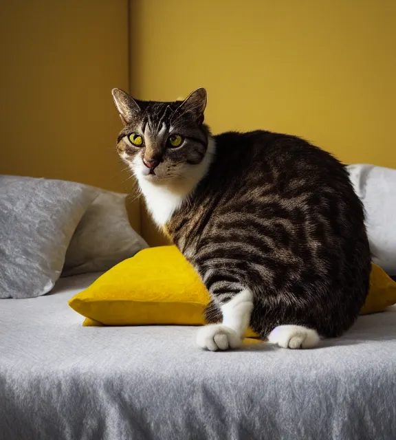 Prompt: a 4 k photorealistic photo of a cat sitting on a bed in a yellow room