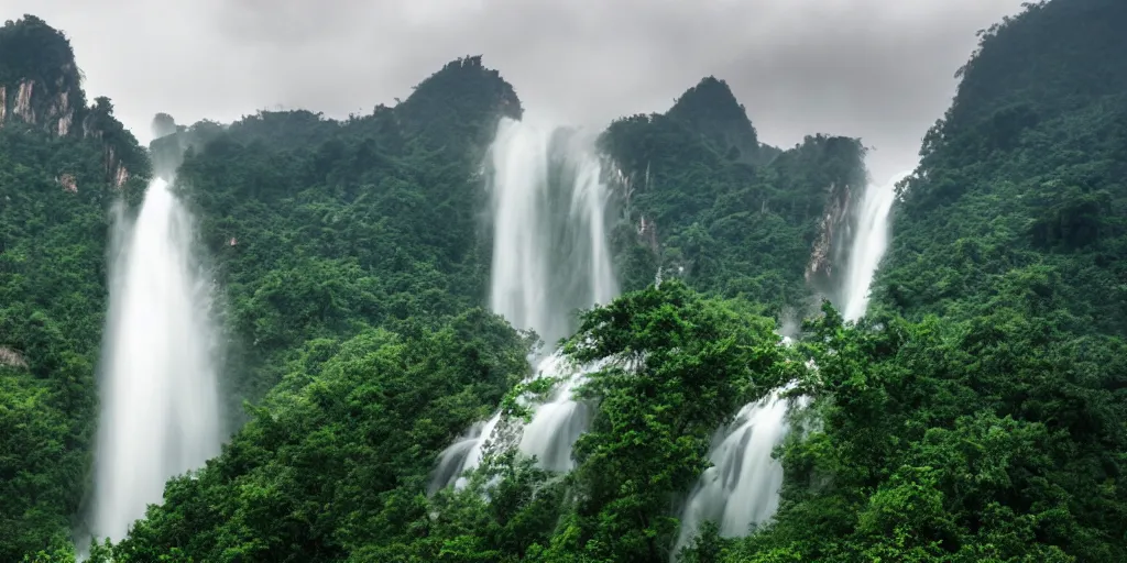 Image similar to Cloudy peaks in southern China with a waterfall, the style of National Geographic magazine