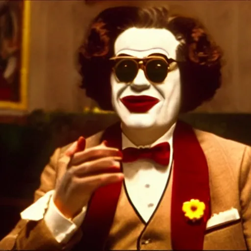 Image similar to A still of Ronald McDonald in The Godfather, cinematic lighting