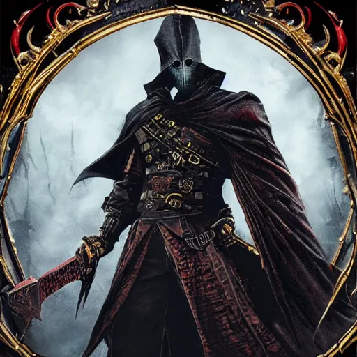 Image similar to Magic the gathering card of Male Victorian Gothic Ninja, with text, hd, intricate, bloodborne, 8k, digital art