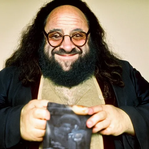 Image similar to Danny Devito as Hagrid, 35mm film