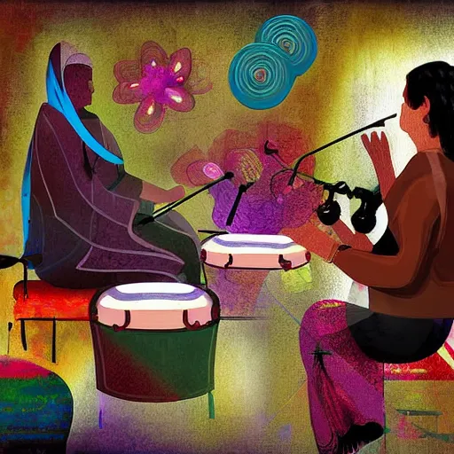 Prompt: a babushka playing drums, some people in the background are doing yoga to the beats, digital art