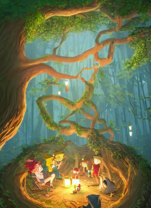 Prompt: a nighttime tea party in a hollow tree, as seen from the canopy, colorful lanterns in the branches, dense forest, massive trees with warm windows, huge tree trunks, low light, dark blue sky, trending on artstation, highly detailed, in the style of Over the Garden Wall, Studio Ghibli, and A. A. Milne