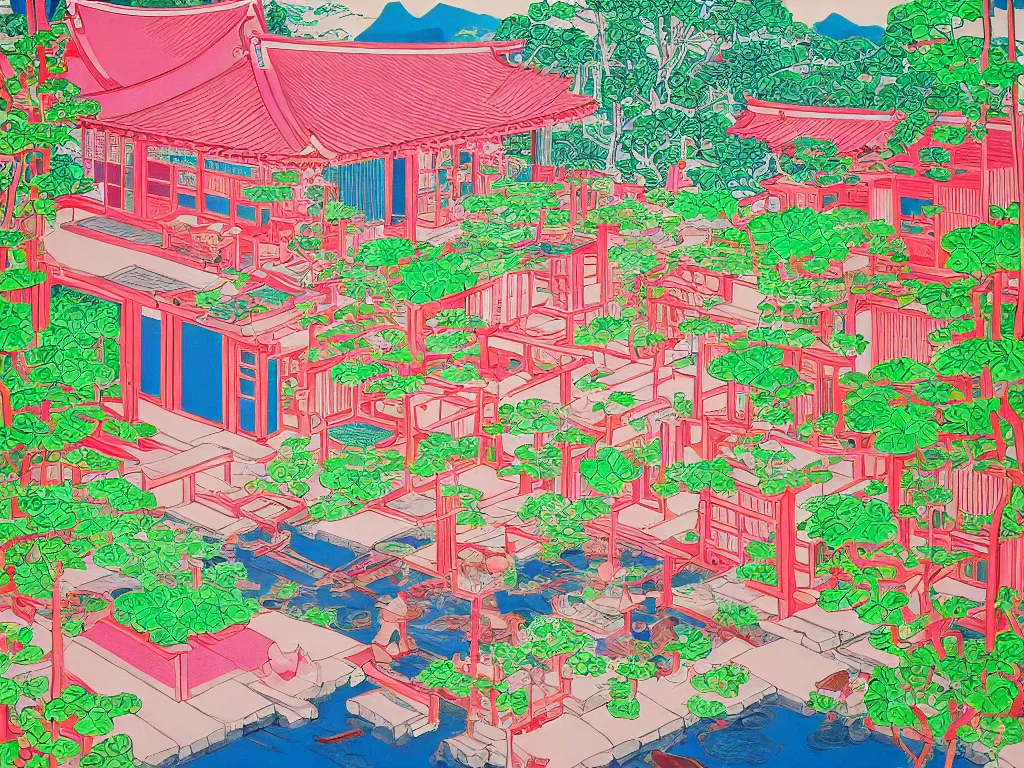 Image similar to image of a traditional japanese house with a garden, a pond in the garden, pink children are sitting around it, a combination of pop art and traditional japanese painting styles, the style of andy warhol and jackie tsai, bright palette, acrylic on canvas