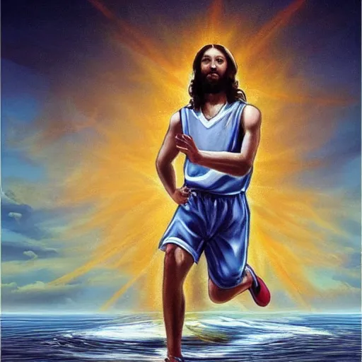 Prompt: A photo of jesus playing basketball while running on water in heaven.