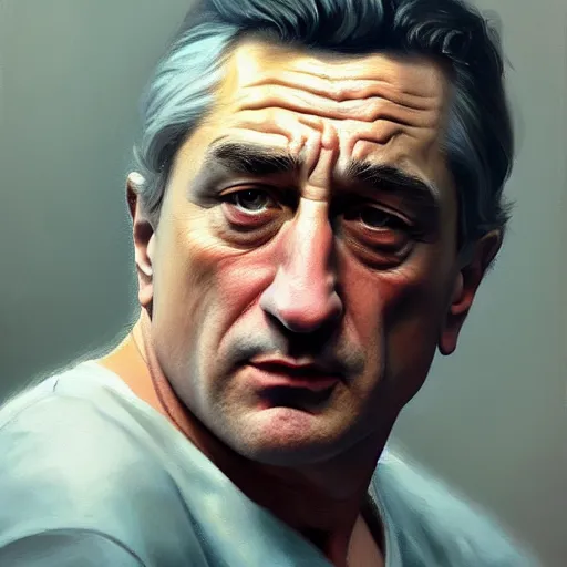 Image similar to realistic portrait of young robert de niro, trending on artstation, low angle oil painting and composition laws, cinematic lighting, hyperdetailed, cgsociety, 8 k