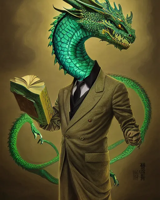 Prompt: anthropomorphic art of a businessman dragon, green dragon, dragon head, portrait, victorian inspired clothing by artgerm, victo ngai, ryohei hase, artstation. fractal papers and books. highly detailed digital painting, smooth, global illumination, fantasy art by greg rutkowsky, karl spitzweg