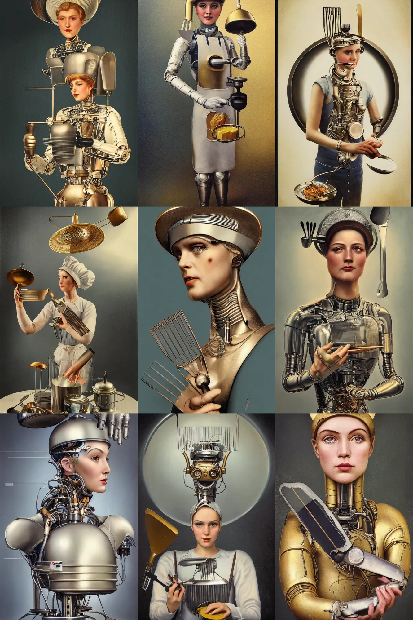 Prompt: a beautiful ultradetailed vintage photo of a futuristic cybernetic transhuman chef wearing a hat and holding a spatula, by tom bagshaw and anna dittman, portrait, 2 4 mm lens, golden ratio composition, detailed face, studio photography, very detailed, humanoids, industrial robots, artstation, 8 k, highly coherent