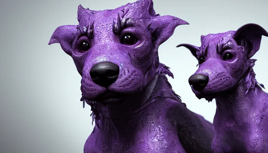 Image similar to purple electric dog, beautiful detailed face, ultra realistic, concept art, intricate details, serious, highly detailed, photorealistic, octane render, 8 k, unreal engine, airbrush, detailed oil painting.