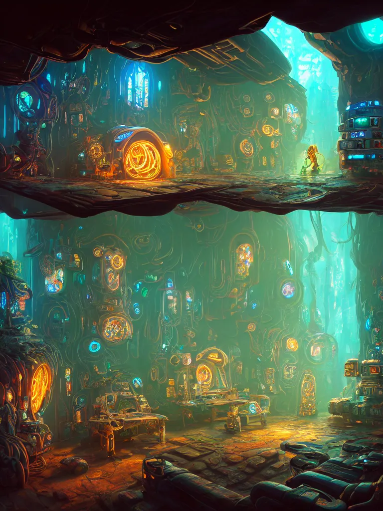 Image similar to the interior of a celestial cyberpunk cottage in a bioluminescent tree trunk decorated beautifully, lots of cyberpunk design elements like gigantic toadstool mushrooms and robots, warm sunlight shining in, lots of plants and cables, concept art 8 k resolution, fantasy illustration, sharp focus, detailed painting, deep color, volumetric lighting, crepuscular rays