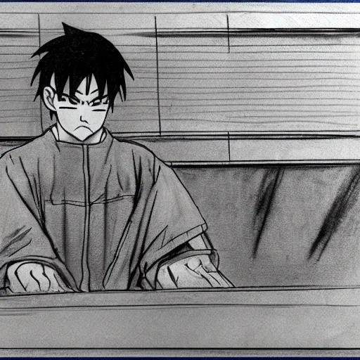 Prompt: young man in naruto costume and with saiyan hair on a trial in a court, courtroom sketch