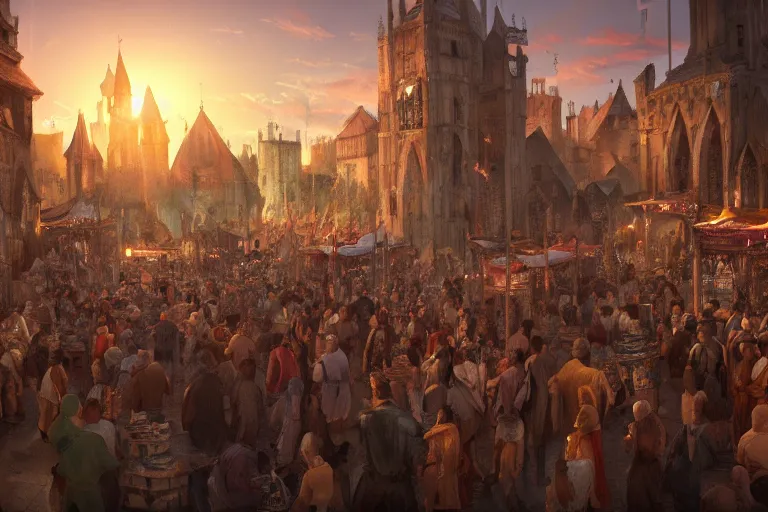 Prompt: crowded medieval market, sunset, cinematic, Artstation