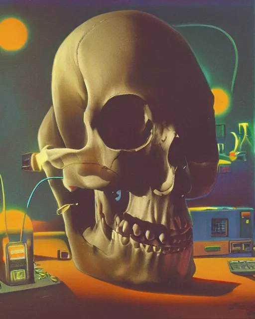 Image similar to a sacred skull observing 8 0 s era technology, vintage shapes, retro technology, vintage color, wayne barlow, oil on canvas, deep depth of field, masterpiece, cinematic composition, hyperdetailed