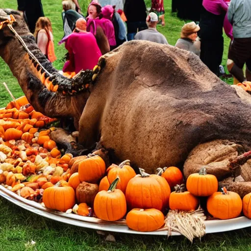 Prompt: wide shot of a whole roast camel served on a giant plate in front of a group of people in Halloween costumes at a picnic. The picnic is a Halloween party.