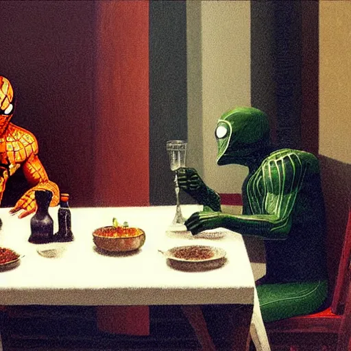 Image similar to Mysterio eating dinner with Spider-Man, artwork by Franz Sedlacek,