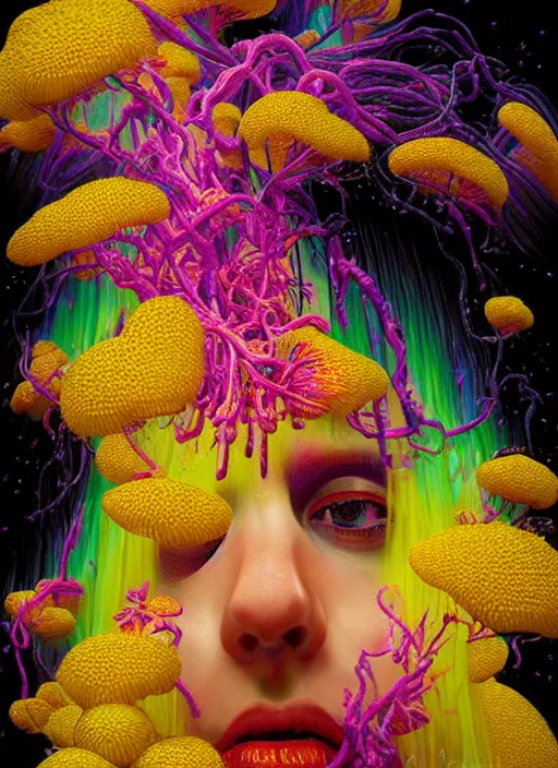 Image similar to hyper detailed 3d render like a Oil painting - black haired girl in mascara seen Eating of the Strangling network of colorful yellowcake and aerochrome and milky Fruit and Her delicate Hands hold of gossamer polyp blossoms bring iridescent fungal flowers whose spores black the foolish stars by Jacek Yerka, Mariusz Lewandowski, Houdini algorithmic generative render, Abstract brush strokes, Masterpiece, Edward Hopper and James Gilleard, Zdzislaw Beksinski, Mark Ryden, Wolfgang Lettl, Dan Hiller, hints of Yayoi Kasuma, octane render, 8k