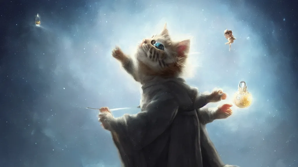 Image similar to a single cartoonish kitten dressed as Gandalf floating in space, center focus, center spotlight, bright stars, anime, a fantasy digital painting by Greg Rutkowski and James Gurney, trending on Artstation, highly detailed