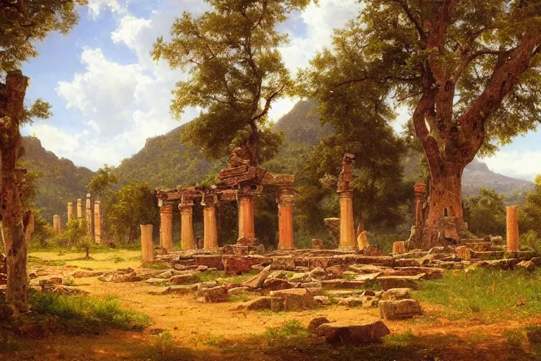 Prompt: temple ruins on a field with hills and trees in the distance, very detailed, focused, oil painting, colorful, canvas, artstation, Albert Bierstadt, Hermann Hendrich