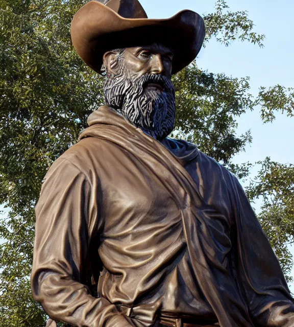 Image similar to a 4 k photorealistic photo medium shot of a bronze statue of a man with a beard wearing a cowboy hate.