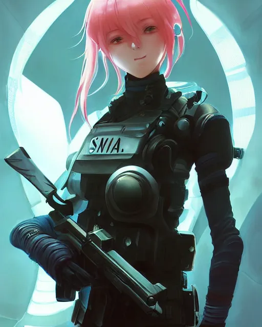 Image similar to nami, anime key visual of a young female swat officer, neon, cyberpunk, futuristic, white clothing, black vest, swat helmet, stunning, highly detailed, digital painting, smooth, soft focus, illustration, 4 k digital art from artstation by artgerm and greg rutkowski and alphonse mucha