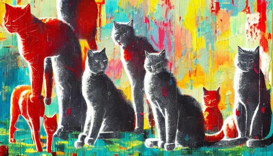 Image similar to contemporary semi abstract acrylic painting of really tall cats by cath kidston, by greg rutkowski, kessler art, thick brush strokes and visible paint layers, multicolor color scheme