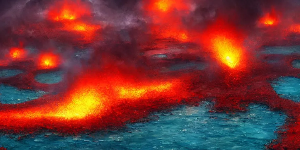 Prompt: a boiling roiling and flaming red sea, geysers of steam, illustration, digital art, oil painting, fantasy, 8 k, trending on artstation, detailed