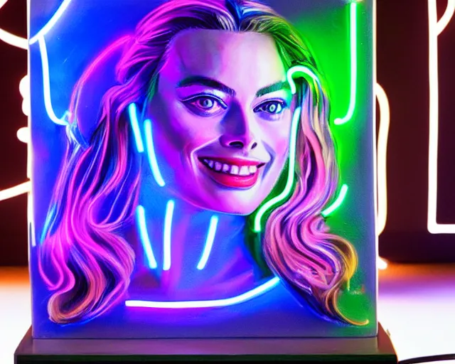 Image similar to led neon art of margot robbie, hyper detailed, award winning