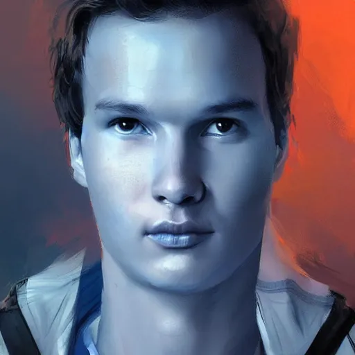 Image similar to portrait of a superhero by greg rutkowski, he looks like ansel elgort, he is wearing a blue and white kevlar gear with a cape, highly detailed portrait, digital painting, artstation, concept art, smooth, sharp foccus ilustration, artstation hq