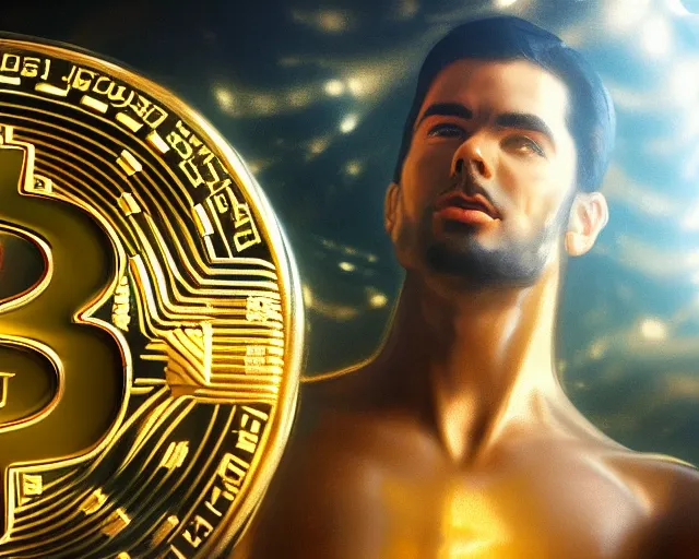 Prompt: attractive oiled up glossy man posing in front of a huge golden bitcoin, angelic light, commercial by annie liebovitz, gaston bussiere, craig mullins, j. c. leyendecker, photorealistic, trending artstation, 8 k