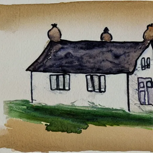 Image similar to a watercolor and ink painting of a cottage, drawn on white parchment paper