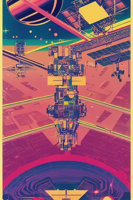 Prompt: a 8 0 s art deco poster with the interior of an international space station fuill of electronic equipment, poster art by milton glaser, kilian eng, moebius, behance contest winner, psychedelic art, concert poster, poster art, maximalist